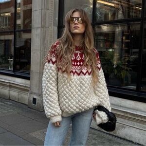 Zara Oversized Jacquard Red White Chunky Knit Winter Sweater size Medium